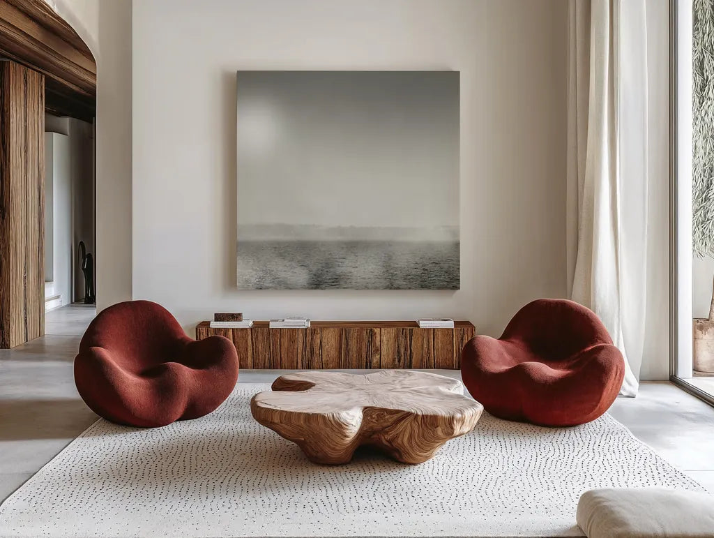 Lake Sail Square IV by Sue Schlabach. Shown as extra-large giant wall art in a modern living room. Available as an archival giclee rolled canvas, fine art paper, or poster print. SKU 44568a.