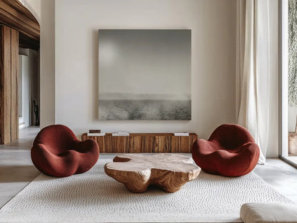 Lake Sail Square IV by Sue Schlabach. Shown as extra-large giant wall art in a modern living room. Available as an archival giclee rolled canvas, fine art paper, or poster print. SKU 44568a.