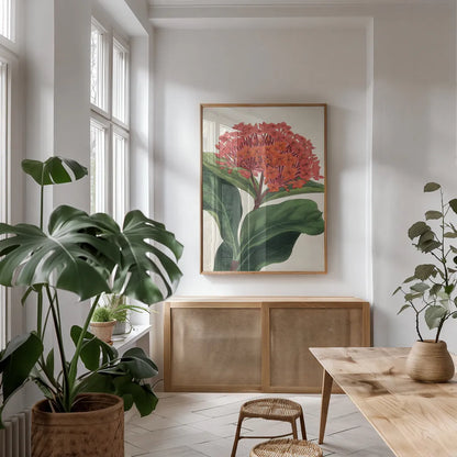 Lantana Botany No Words by Sue Schlabach. shown as a print in a natural wood frame in a dining room. Available as a archival giclee rolled canvas, fine art paper, or poster print. SKU 44799h.