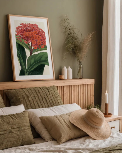 Lantana Botany No Words by Sue Schlabach. shown as a paper print in a natural frame. Available as a archival giclee rolled canvas, fine art paper, or poster print. SKU 44799h.