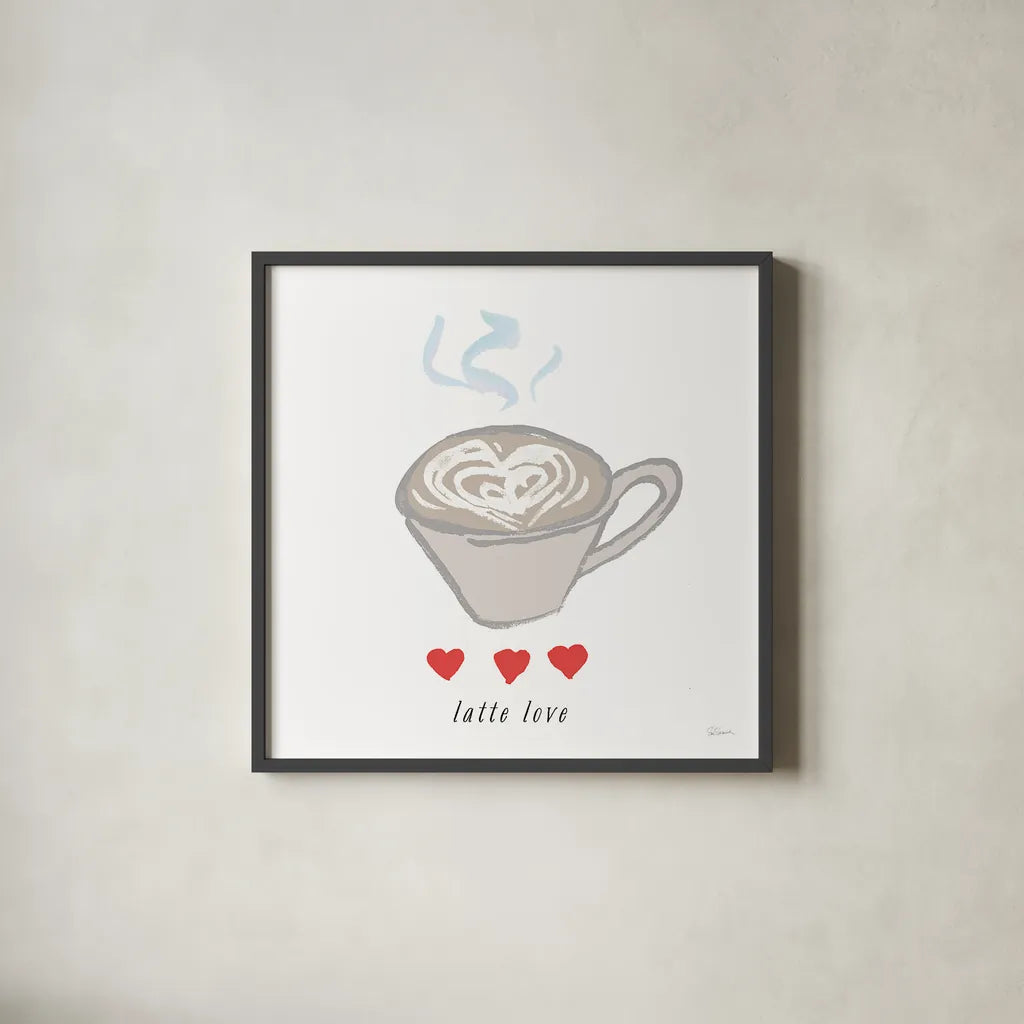 Latte Love by Sue Schlabach. Shown in a sleek black glass frame for a contemporary gallery look. Available as an archival giclee rolled canvas, fine art paper, or poster print. SKU 49992a.