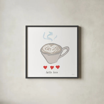 Latte Love by Sue Schlabach. Shown in a sleek black glass frame for a contemporary gallery look. Available as an archival giclee rolled canvas, fine art paper, or poster print. SKU 49992a.