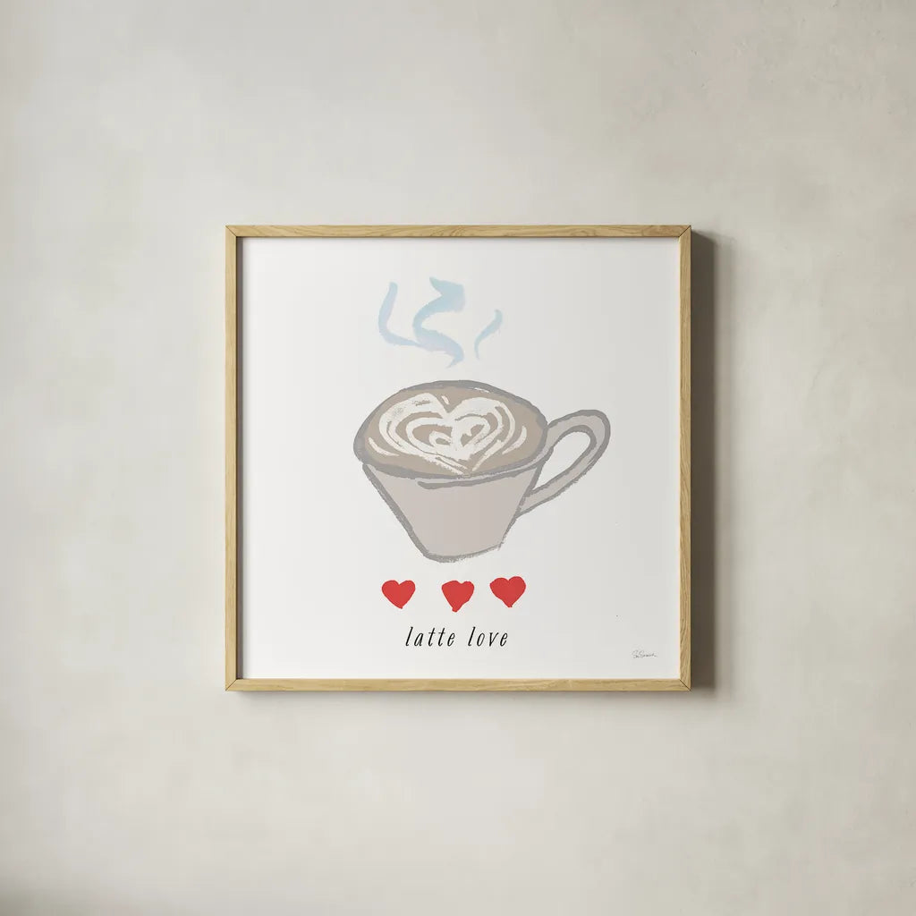 Latte Love by Sue Schlabach. Shown in a natural wood glass frame for a timeless modern aesthetic. Available as an archival giclee rolled canvas, fine art paper, or poster print. SKU 49992a.