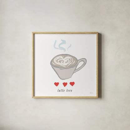 Latte Love by Sue Schlabach. Shown in a natural wood glass frame for a timeless modern aesthetic. Available as an archival giclee rolled canvas, fine art paper, or poster print. SKU 49992a.