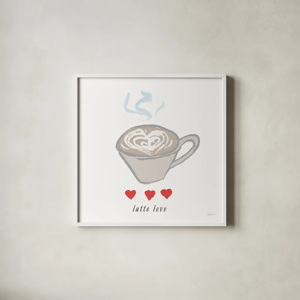 Latte Love by Sue Schlabach. Shown in a crisp white glass frame for a clean and minimalist style. Available as an archival giclee rolled canvas, fine art paper, or poster print. SKU 49992a.