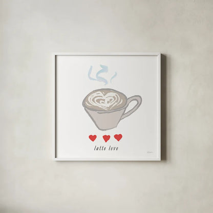 Latte Love by Sue Schlabach. Shown in a crisp white glass frame for a clean and minimalist style. Available as an archival giclee rolled canvas, fine art paper, or poster print. SKU 49992a.