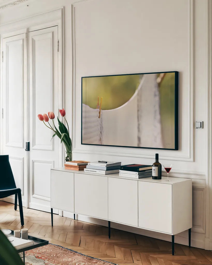 Laundry Day by Sue Schlabach. shown as a framed stretched canvas in a living room above a console. Available as a archival giclee rolled canvas, fine art paper, or poster print. SKU 34129i.