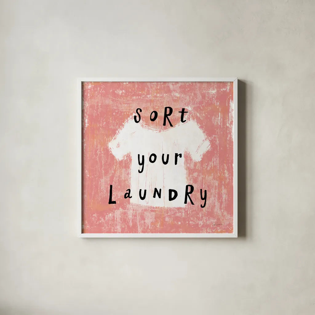 Laundry Rules III by Sue Schlabach. Shown in a crisp white glass frame for a clean and minimalist style. Available as an archival giclee rolled canvas, fine art paper, or poster print. SKU 35899a.