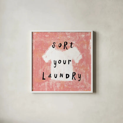 Laundry Rules III by Sue Schlabach. Shown in a crisp white glass frame for a clean and minimalist style. Available as an archival giclee rolled canvas, fine art paper, or poster print. SKU 35899a.