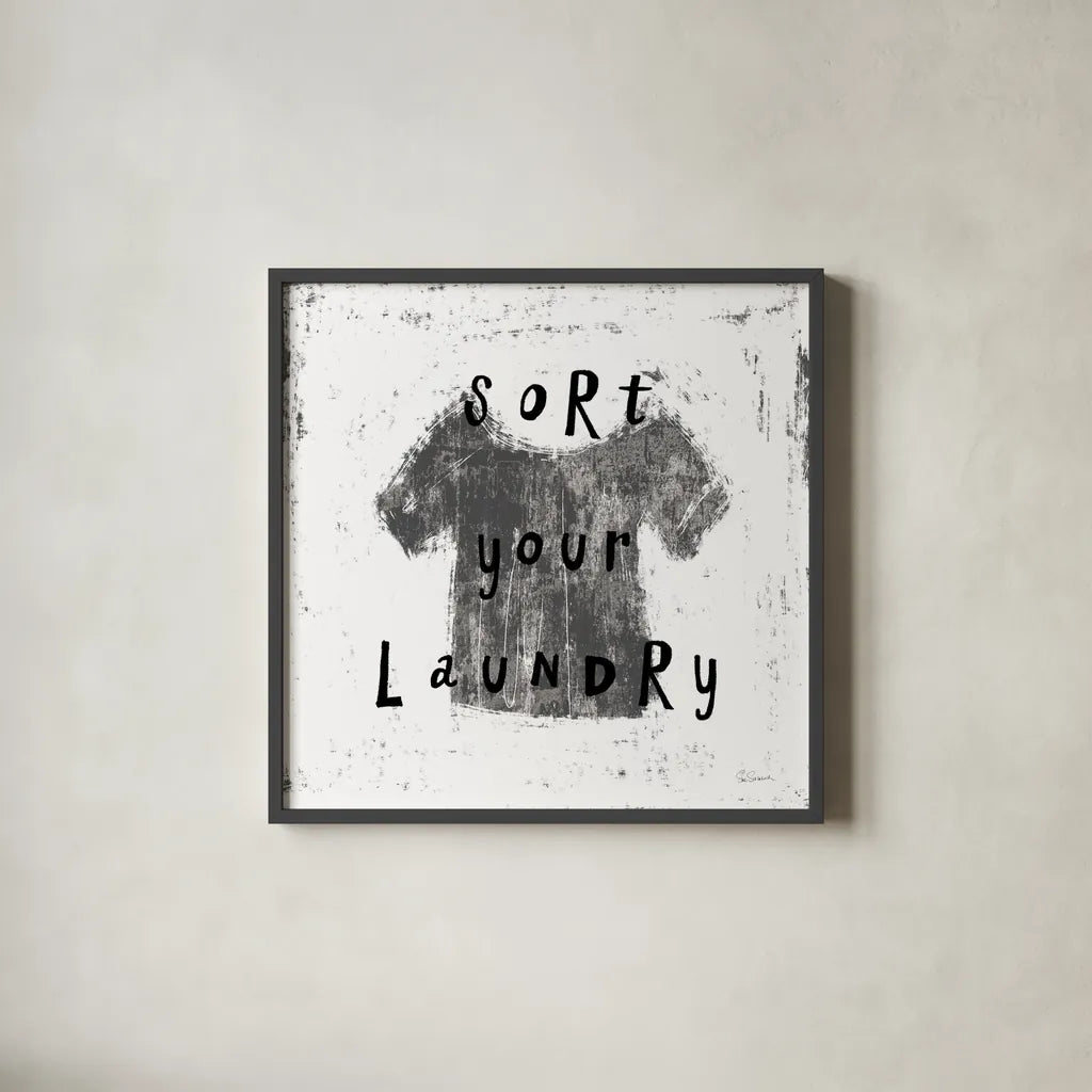 Laundry Rules III BW by Sue Schlabach. Shown in a sleek black glass frame for a contemporary gallery look. Available as an archival giclee rolled canvas, fine art paper, or poster print. SKU 74231a.