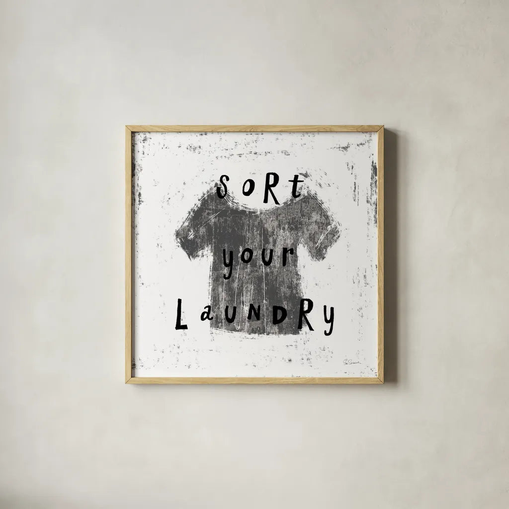 Laundry Rules III BW by Sue Schlabach. Shown in a natural wood glass frame for a timeless modern aesthetic. Available as an archival giclee rolled canvas, fine art paper, or poster print. SKU 74231a.