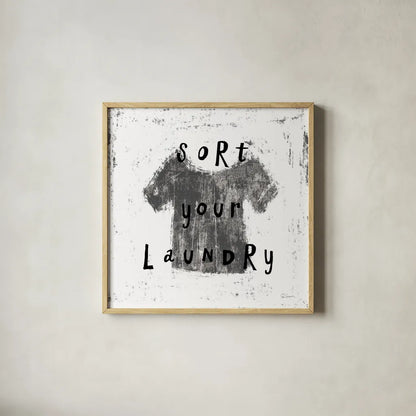 Laundry Rules III BW by Sue Schlabach. Shown in a natural wood glass frame for a timeless modern aesthetic. Available as an archival giclee rolled canvas, fine art paper, or poster print. SKU 74231a.