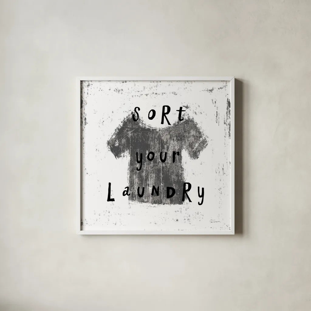 Laundry Rules III BW by Sue Schlabach. Shown in a crisp white glass frame for a clean and minimalist style. Available as an archival giclee rolled canvas, fine art paper, or poster print. SKU 74231a.