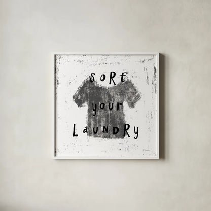Laundry Rules III BW by Sue Schlabach. Shown in a crisp white glass frame for a clean and minimalist style. Available as an archival giclee rolled canvas, fine art paper, or poster print. SKU 74231a.