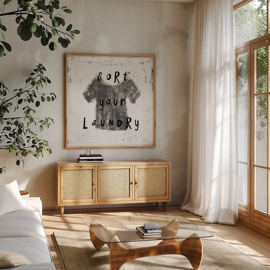 Laundry Rules III BW by Sue Schlabach. Shown in a natural wood frame in a cozy modern living room. Available as an archival giclee rolled canvas, fine art paper, or poster print. SKU 74231a.