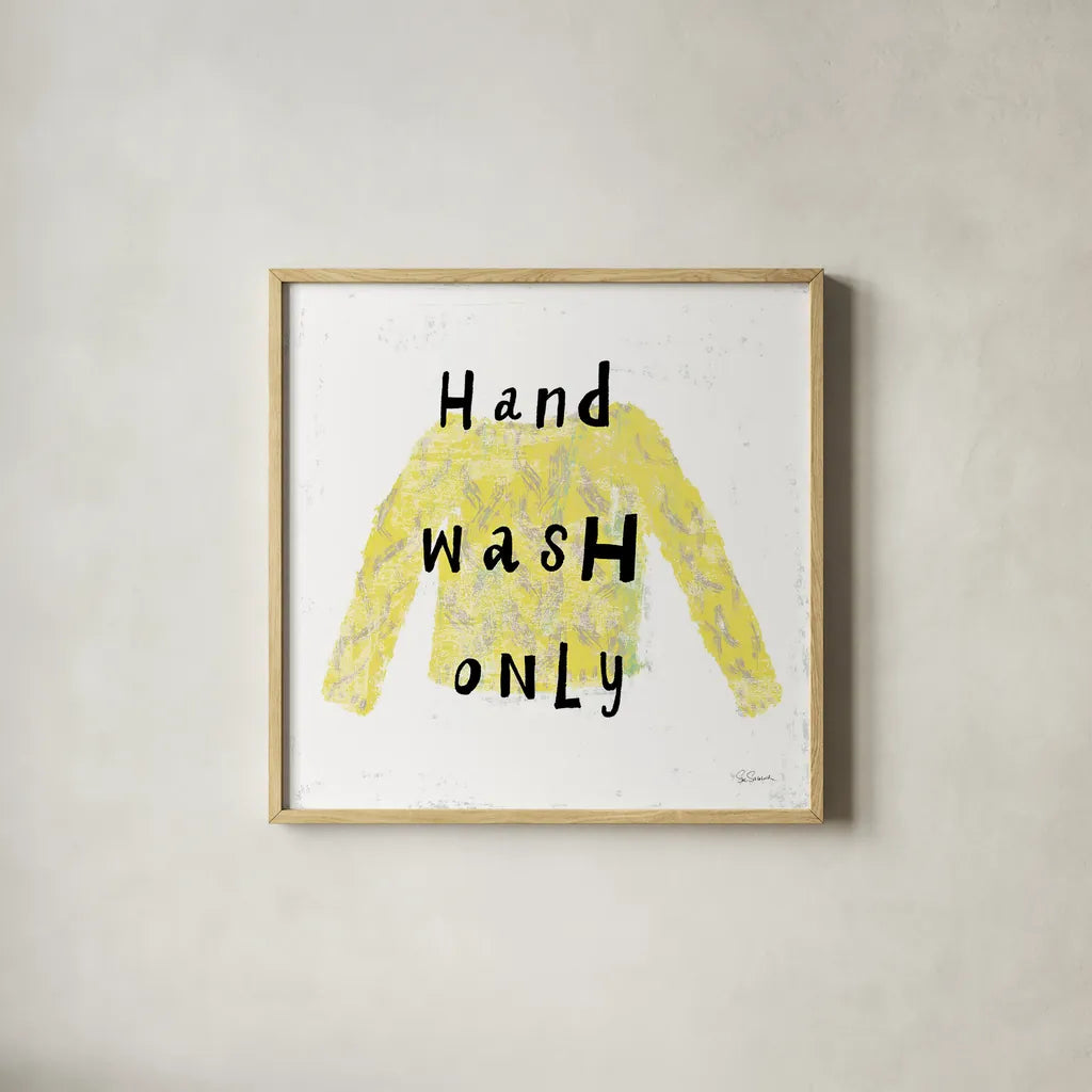 Laundry Rules IV by Sue Schlabach. Shown in a natural wood glass frame for a timeless modern aesthetic. Available as an archival giclee rolled canvas, fine art paper, or poster print. SKU 35900a.