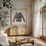 Laundry Rules IV BW by Sue Schlabach. Shown in a natural wood frame in a cozy modern living room. Available as an archival giclee rolled canvas, fine art paper, or poster print. SKU 74232a.