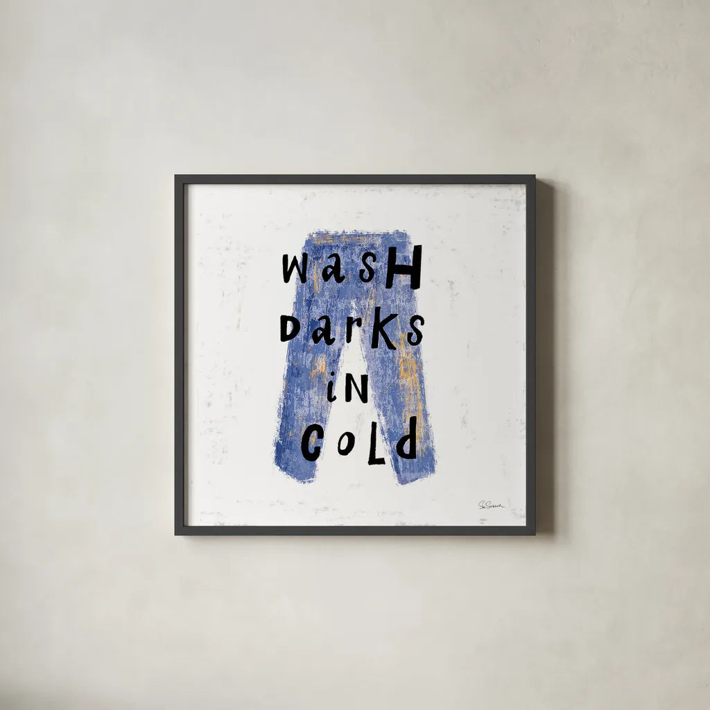 Laundry Rules V by Sue Schlabach. Shown in a sleek black glass frame for a contemporary gallery look. Available as an archival giclee rolled canvas, fine art paper, or poster print. SKU 35901a.