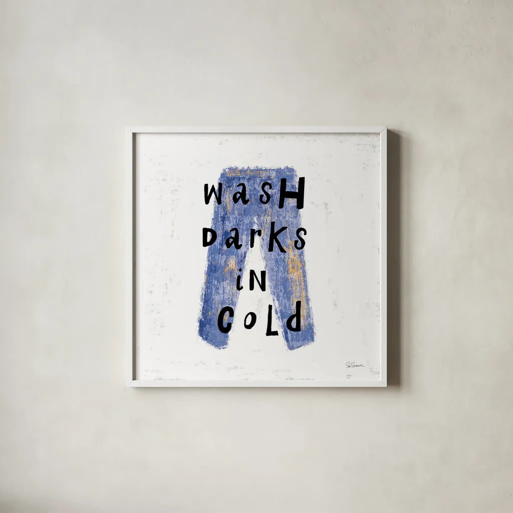 Laundry Rules V by Sue Schlabach. Shown in a crisp white glass frame for a clean and minimalist style. Available as an archival giclee rolled canvas, fine art paper, or poster print. SKU 35901a.