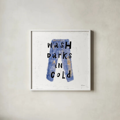 Laundry Rules V by Sue Schlabach. Shown in a crisp white glass frame for a clean and minimalist style. Available as an archival giclee rolled canvas, fine art paper, or poster print. SKU 35901a.