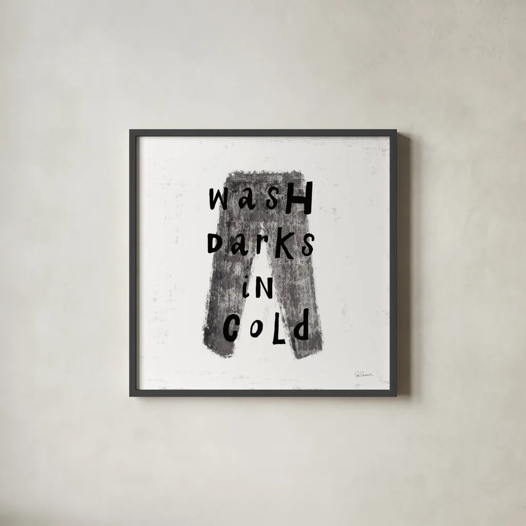 Laundry Rules V BW by Sue Schlabach. Shown in a sleek black glass frame for a contemporary gallery look. Available as an archival giclee rolled canvas, fine art paper, or poster print. SKU 74233a.