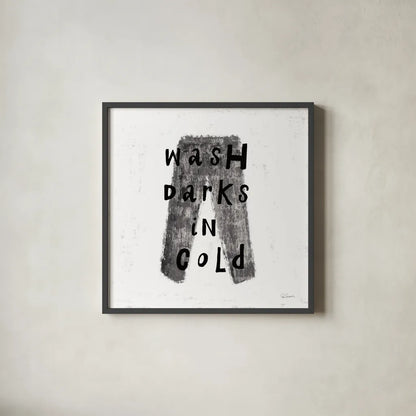 Laundry Rules V BW by Sue Schlabach. Shown in a sleek black glass frame for a contemporary gallery look. Available as an archival giclee rolled canvas, fine art paper, or poster print. SKU 74233a.