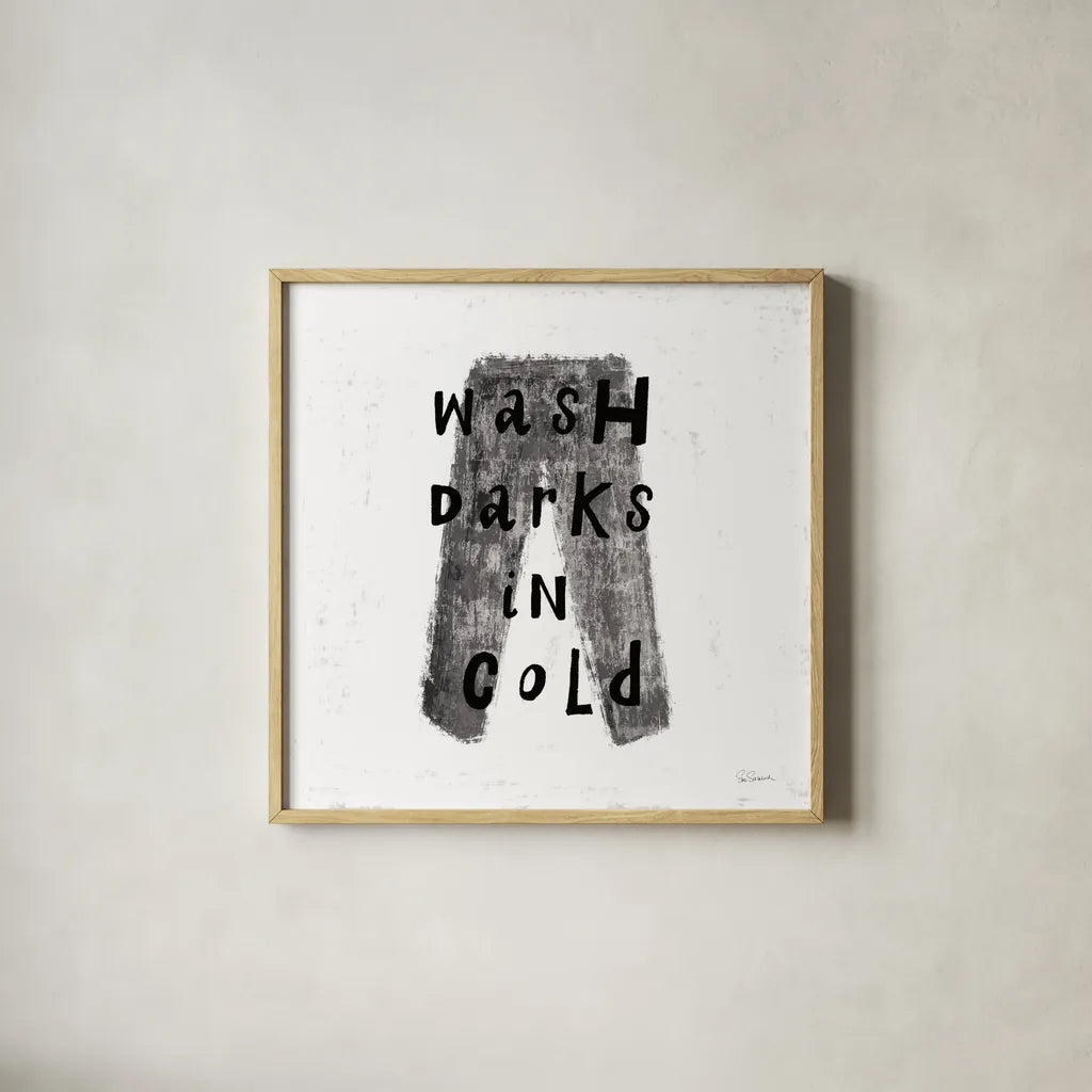 Laundry Rules V BW by Sue Schlabach. Shown in a natural wood glass frame for a timeless modern aesthetic. Available as an archival giclee rolled canvas, fine art paper, or poster print. SKU 74233a.