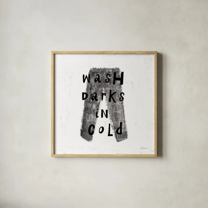 Laundry Rules V BW by Sue Schlabach. Shown in a natural wood glass frame for a timeless modern aesthetic. Available as an archival giclee rolled canvas, fine art paper, or poster print. SKU 74233a.