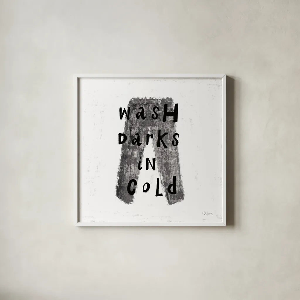 Laundry Rules V BW by Sue Schlabach. Shown in a crisp white glass frame for a clean and minimalist style. Available as an archival giclee rolled canvas, fine art paper, or poster print. SKU 74233a.