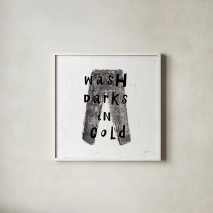 Laundry Rules V BW by Sue Schlabach. Shown in a crisp white glass frame for a clean and minimalist style. Available as an archival giclee rolled canvas, fine art paper, or poster print. SKU 74233a.