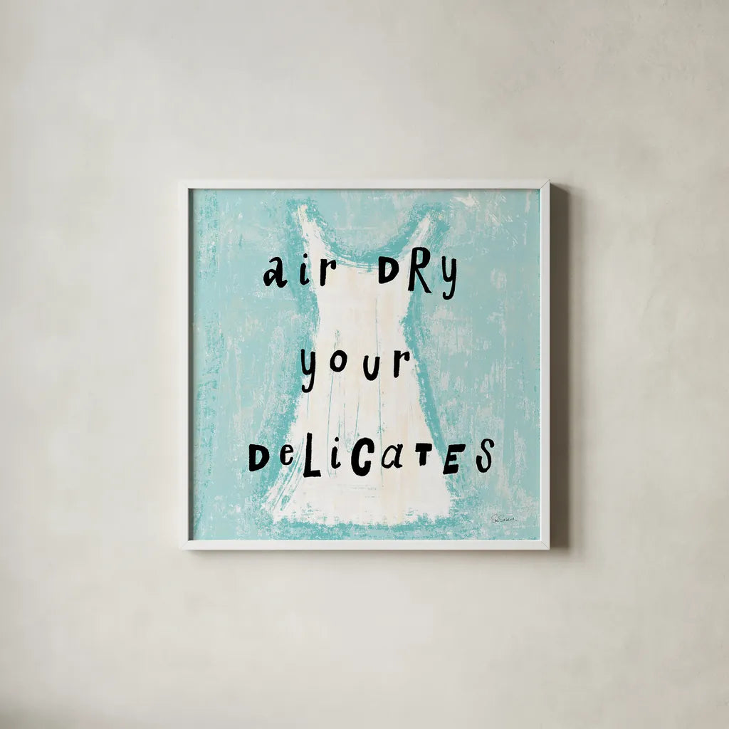 Laundry Rules VI by Sue Schlabach. Shown in a crisp white glass frame for a clean and minimalist style. Available as an archival giclee rolled canvas, fine art paper, or poster print. SKU 35902a.