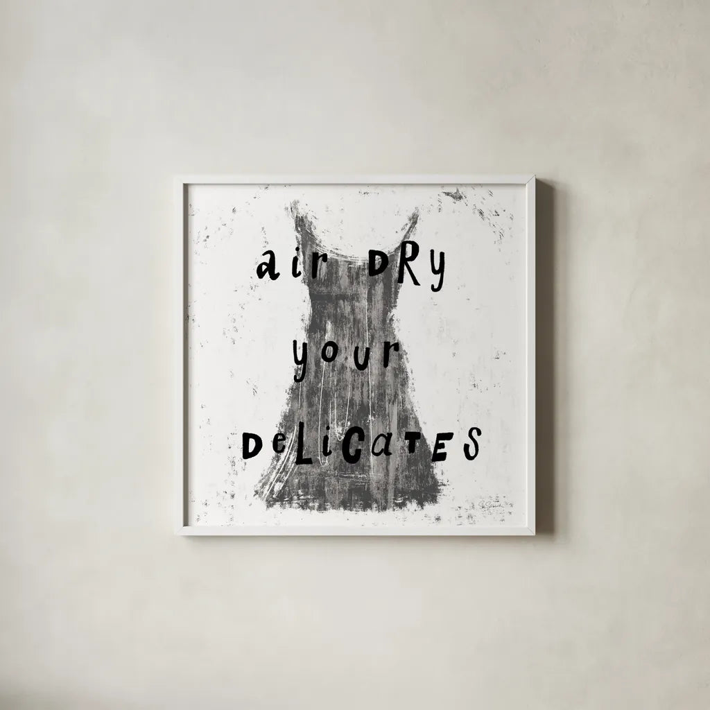 Laundry Rules VI BW by Sue Schlabach. Shown in a crisp white glass frame for a clean and minimalist style. Available as an archival giclee rolled canvas, fine art paper, or poster print. SKU 74234a.