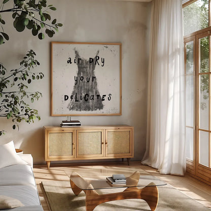 Laundry Rules VI BW by Sue Schlabach. Shown in a natural wood frame in a cozy modern living room. Available as an archival giclee rolled canvas, fine art paper, or poster print. SKU 74234a.