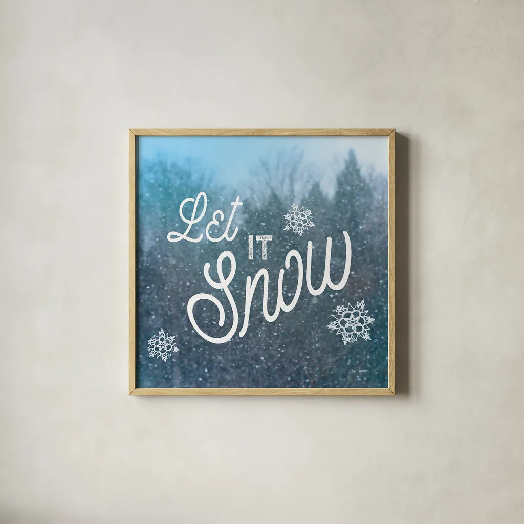Let it Snow I by Sue Schlabach. Shown in a natural wood glass frame for a timeless modern aesthetic. Available as an archival giclee rolled canvas, fine art paper, or poster print. SKU 21686a.
