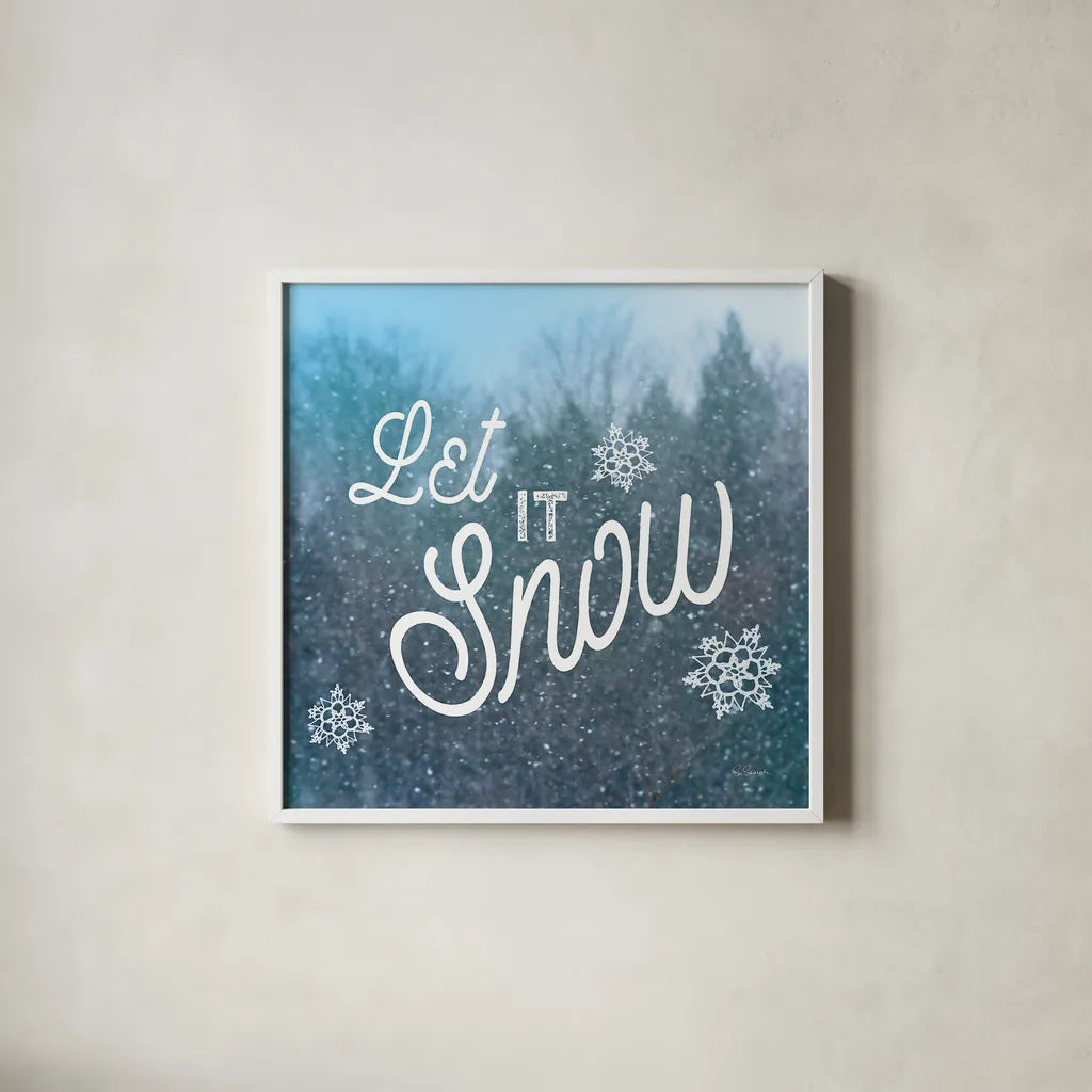 Let it Snow I by Sue Schlabach. Shown in a crisp white glass frame for a clean and minimalist style. Available as an archival giclee rolled canvas, fine art paper, or poster print. SKU 21686a.