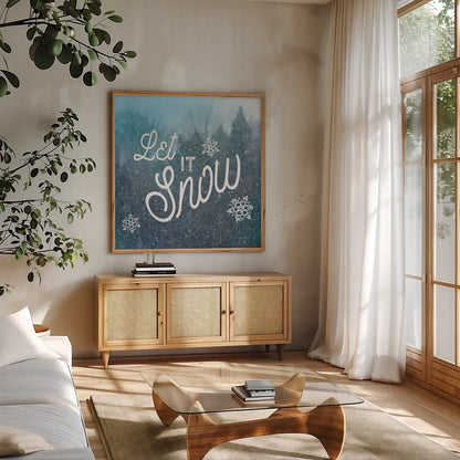 Let it Snow I by Sue Schlabach. Shown in a natural wood frame in a cozy modern living room. Available as an archival giclee rolled canvas, fine art paper, or poster print. SKU 21686a.