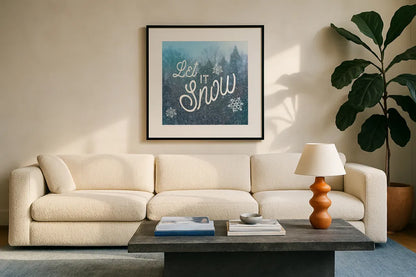 Let it Snow I by Sue Schlabach. Displayed in a glass frame with matte in a clean modern living room. Available as an archival giclee rolled canvas, fine art paper, or poster print. SKU 21686a.