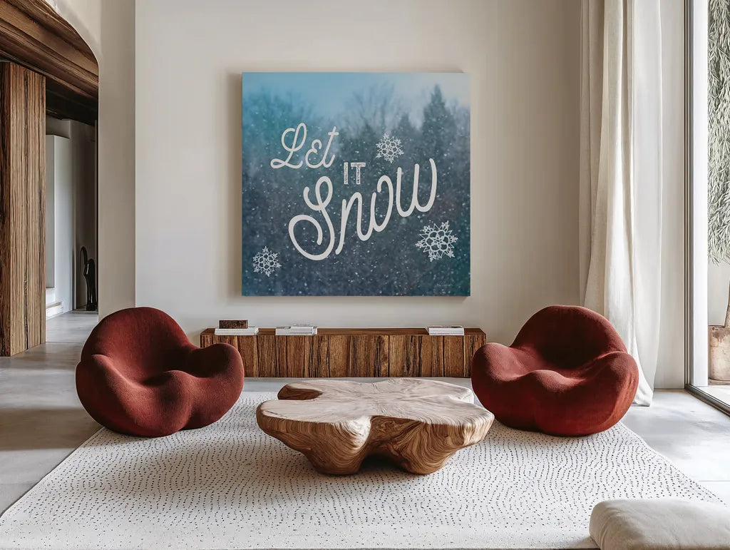 Let it Snow I by Sue Schlabach. Shown as extra-large giant wall art in a modern living room. Available as an archival giclee rolled canvas, fine art paper, or poster print. SKU 21686a.