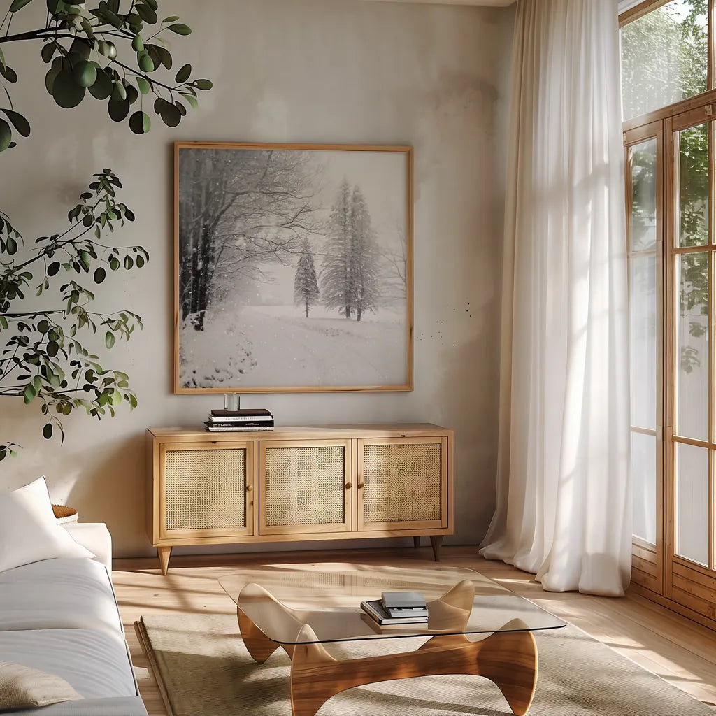 Let it Snow II BW No Words by Sue Schlabach. Shown in a natural wood frame in a cozy modern living room. Available as an archival giclee rolled canvas, fine art paper, or poster print. SKU 75780a.