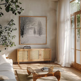 Let it Snow II BW No Words by Sue Schlabach. Shown in a natural wood frame in a cozy modern living room. Available as an archival giclee rolled canvas, fine art paper, or poster print. SKU 75780a.