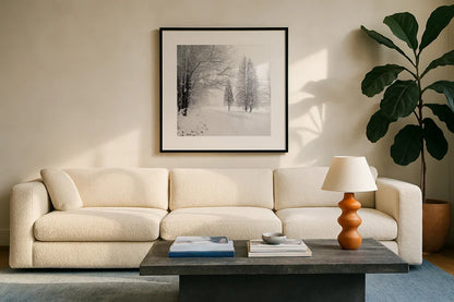 Let it Snow II BW No Words by Sue Schlabach. Displayed in a glass frame with matte in a clean modern living room. Available as an archival giclee rolled canvas, fine art paper, or poster print. SKU 75780a.