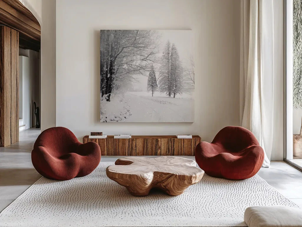 Let it Snow II BW No Words by Sue Schlabach. Shown as extra-large giant wall art in a modern living room. Available as an archival giclee rolled canvas, fine art paper, or poster print. SKU 75780a.