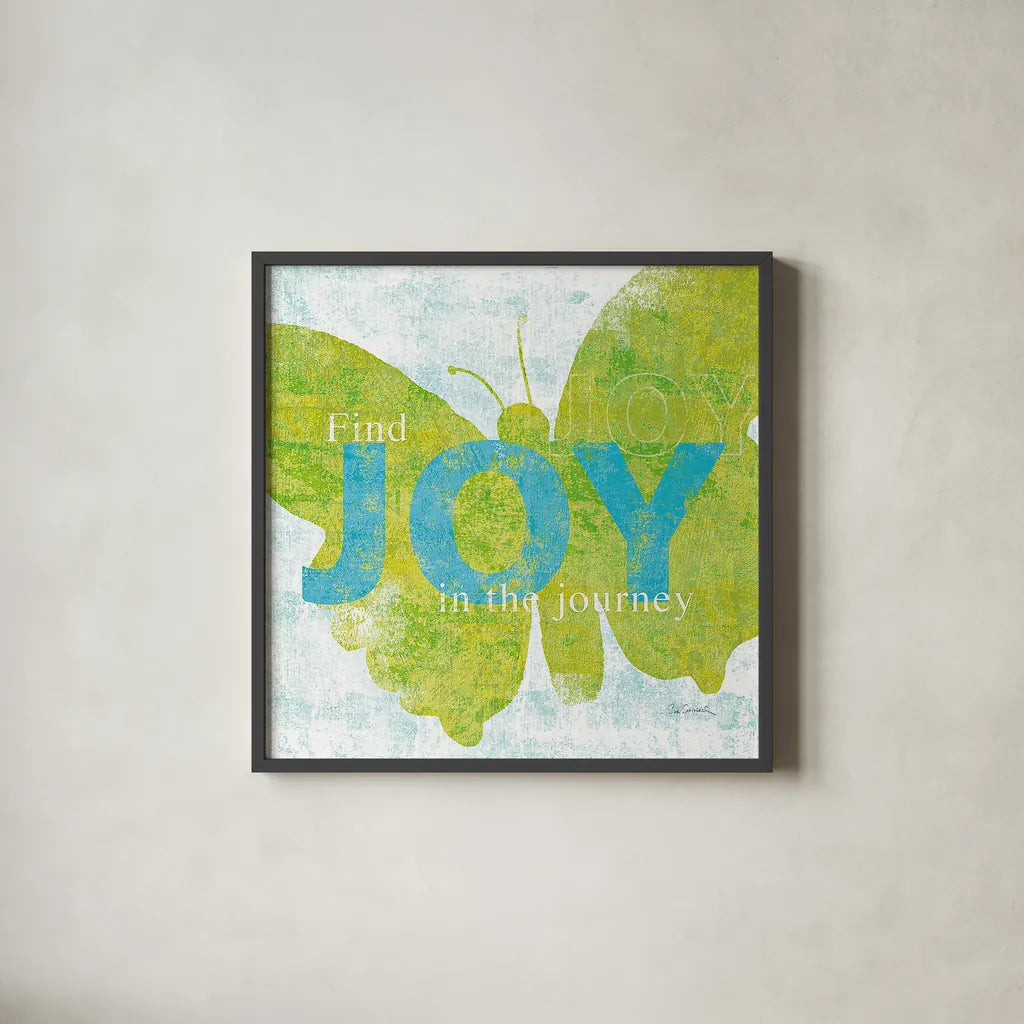 Letterpress Joy by Sue Schlabach. Shown in a sleek black glass frame for a contemporary gallery look. Available as an archival giclee rolled canvas, fine art paper, or poster print. SKU 11376a.