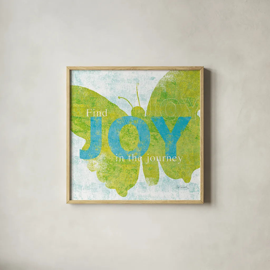 Letterpress Joy by Sue Schlabach. Shown in a natural wood glass frame for a timeless modern aesthetic. Available as an archival giclee rolled canvas, fine art paper, or poster print. SKU 11376a.