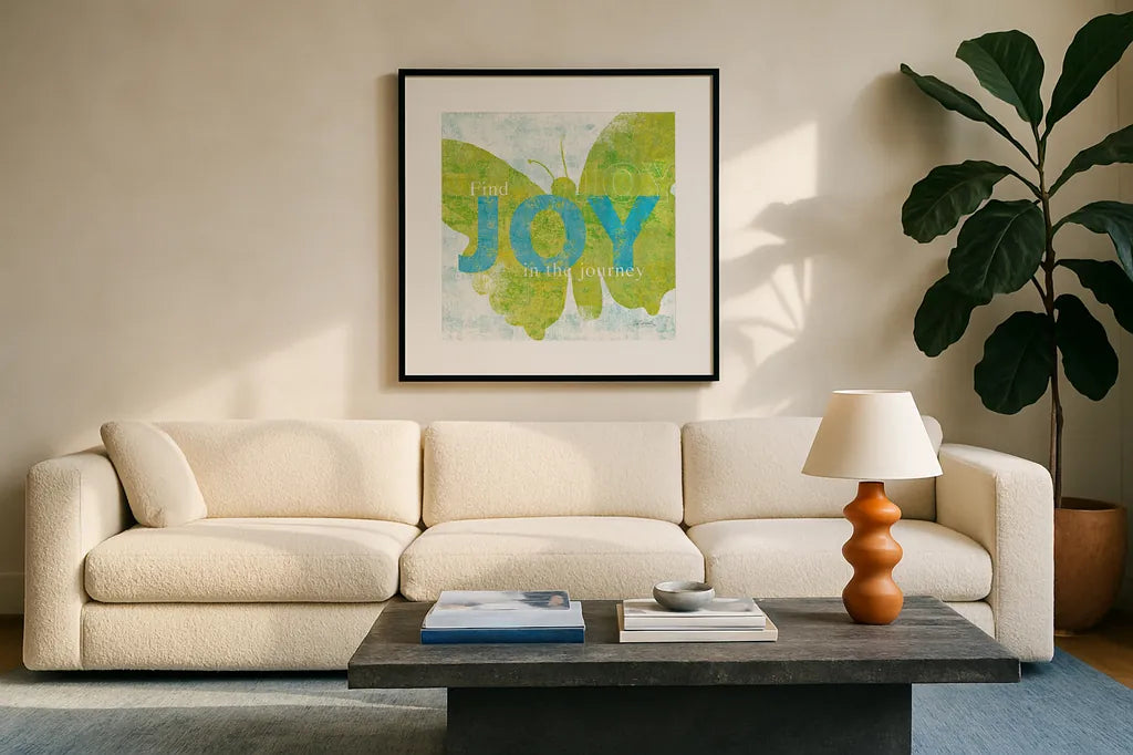Letterpress Joy by Sue Schlabach. Displayed in a glass frame with matte in a clean modern living room. Available as an archival giclee rolled canvas, fine art paper, or poster print. SKU 11376a.