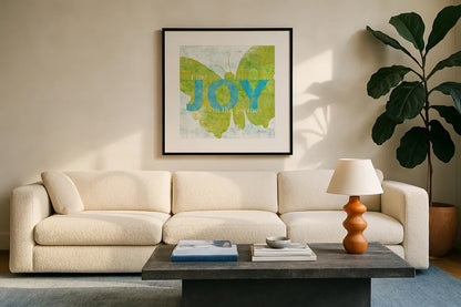 Letterpress Joy by Sue Schlabach. Displayed in a glass frame with matte in a clean modern living room. Available as an archival giclee rolled canvas, fine art paper, or poster print. SKU 11376a.