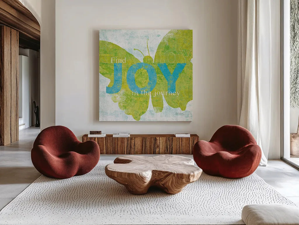 Letterpress Joy by Sue Schlabach. Shown as extra-large giant wall art in a modern living room. Available as an archival giclee rolled canvas, fine art paper, or poster print. SKU 11376a.