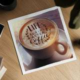 Life Begins After Coffee by Sue Schlabach. Shown as a detailed flat fine art print, highlighting archival giclee quality. Available as an archival giclee rolled canvas, fine art paper, or poster print. SKU 14022a.