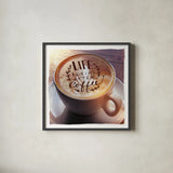 Life Begins After Coffee by Sue Schlabach. Shown in a sleek black glass frame for a contemporary gallery look. Available as an archival giclee rolled canvas, fine art paper, or poster print. SKU 14022a.