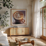 Life Begins After Coffee by Sue Schlabach. Shown in a natural wood frame in a cozy modern living room. Available as an archival giclee rolled canvas, fine art paper, or poster print. SKU 14022a.
